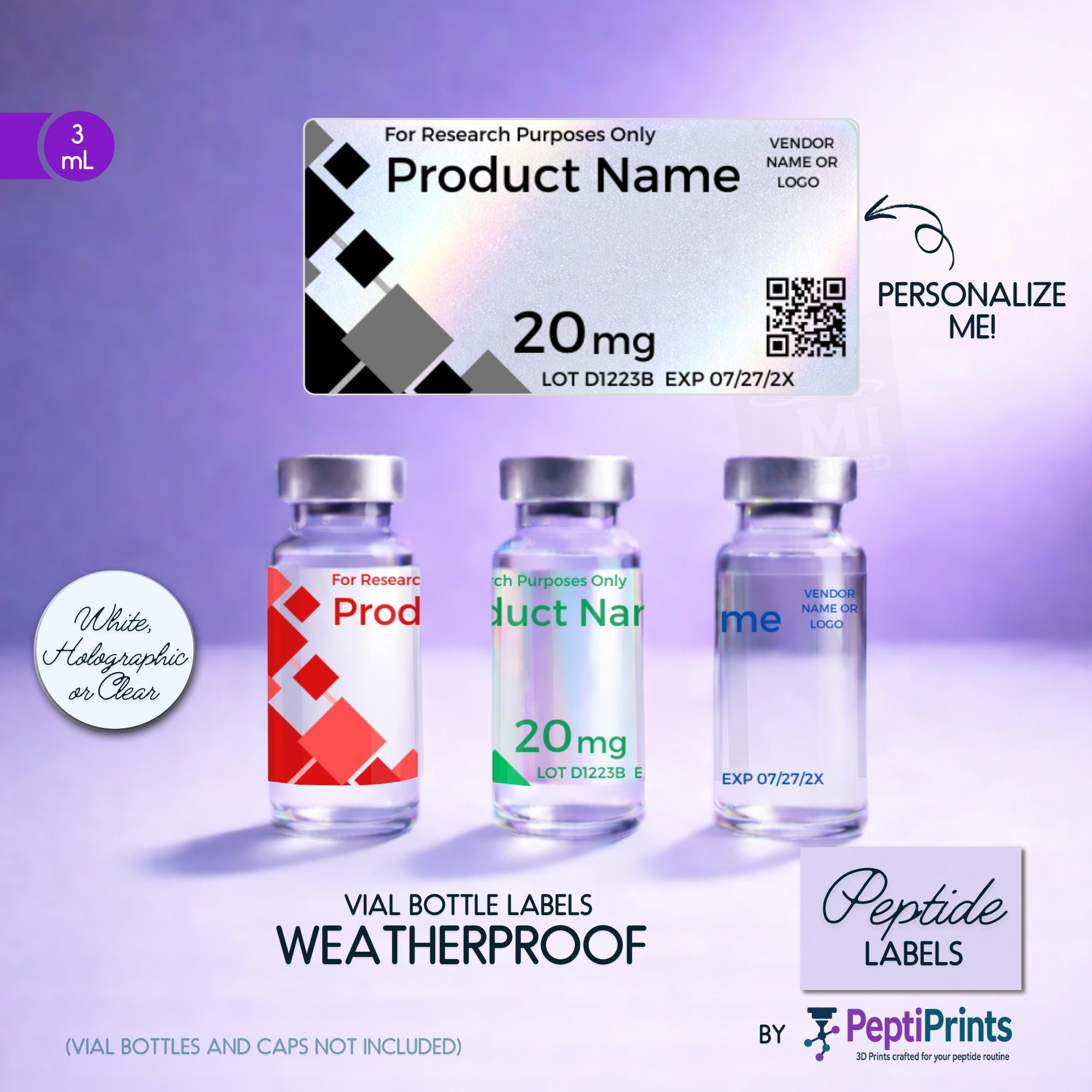 Research Labels Personalized Vial Labels 3ml • Waterproof Research Labels • Modern ...
