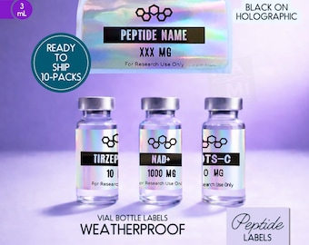 Peptide Labels Ready-to-Ship • Waterproof Printed Vial Stickers for 3mL Bottles • Modern Organized Tag • Holographic with Black (Pack of 10)