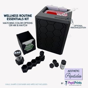 May include: A black wellness routine essentials kit with a sharps container, vial holders, and a small box for alcohol prep pads. The kit includes the text "Wellness Routine Essentials Kit" and "Aesthetic Peptides".