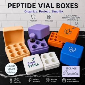 May include: A collection of colorful peptide vial boxes in orange, purple, white, and blue. The boxes are designed to organize and protect vials, with the text "PEPTIDE VIAL BOXES" at the top. The boxes are 3D printed and come in multiple colors.