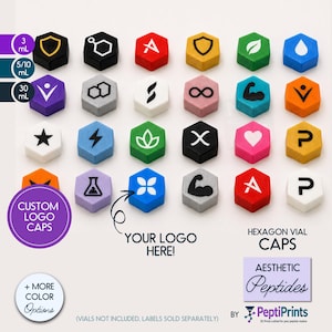 May include: A collection of colorful, hexagonal vial caps with various symbols and designs. The caps are in a variety of colors, including red, blue, green, and yellow. Text on the image includes "CUSTOM LOGO CAPS", "YOUR LOGO HERE!", and "HEXAGON VIAL CAPS".