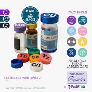 May include: A collection of labeled peptide vial caps in various colors, including blue, green, yellow, and pink. The image also shows several vials with labels and the text "READY TO SHIP STACKS". The text "COLOR-CODE YOUR PEPTIDES!" is also visible.