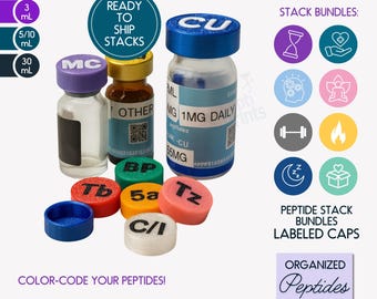 Peptide Stack Vial Caps Bundles • Custom Labeled Color-Coded Organizer • Reusable Vial Lids • Fits 3mL 5 10 30mL Bottles • Ready to Ship