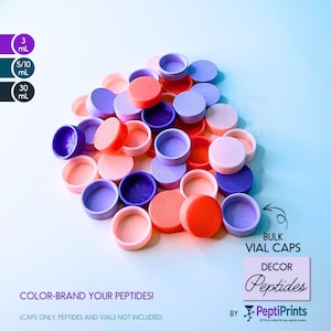 May include: A collection of colorful vial caps in shades of purple, pink, and orange. The caps are arranged on a light blue surface. Text on the image reads "COLOR-BRAND YOUR PEPTIDES!" and "BULK VIAL CAPS".