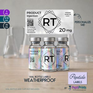 Personalized Peptide Labels • Holographic Silver Weatherproof Printed Vial Stickers • Custom Text for 3mL Bottle, Smudge-Proof Organized Tag
