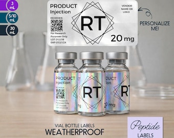 Personalized Peptide Labels • Holographic Silver Weatherproof Printed Vial Stickers • Custom Text for 3mL Bottle, Smudge-Proof Organized Tag