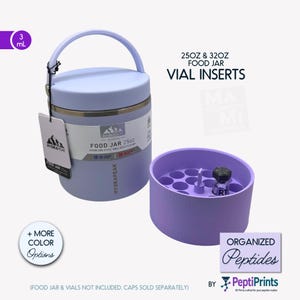 May include: A light purple food jar with a handle and a matching vial insert. The jar is labeled "FOOD JAR 25oz" and "HYDRAPEAK". The vial insert is designed to hold multiple vials. Text on the image includes "25OZ & 32OZ FOOD JAR VIAL INSERTS".