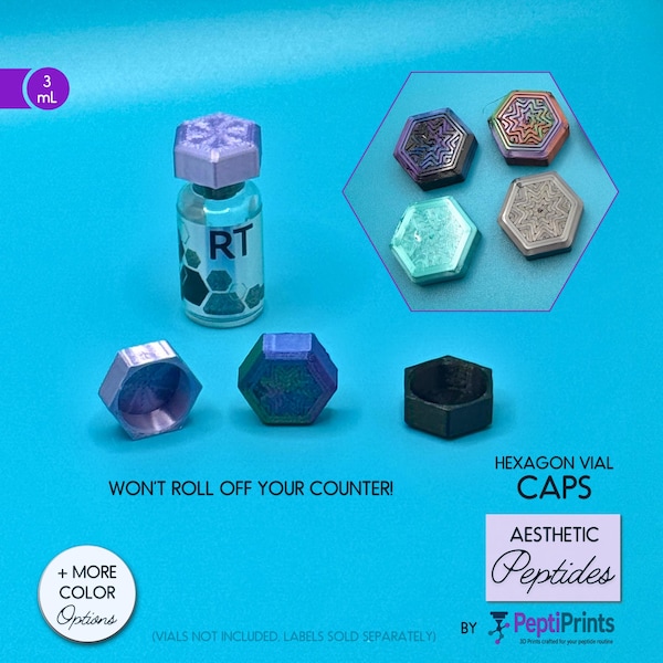 Hexagon Peptide Vial Cap Covers • Bottles Won't Roll off Counter • Color-Coded Vial Lids • Slim Fit for Storage Racks • Reusable Vial Cover