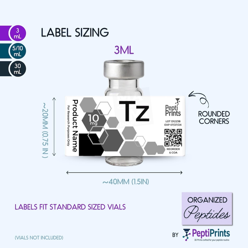 Personalized Peptide Labels • Waterproof Printed Vial Stickers • Custom Text for 3mL 10mL 30mL Bottles, Smudge-Proof Organized Tag • Hexagon image 4