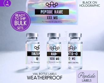 BULK Peptide Labels Ready-to-Ship • Waterproof Printed Vial Stickers for 3mL Bottles • Modern Holographic with Black (Packs of 10 to 100)
