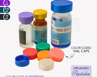 Protective Vial Caps • Color-Coded Peptide Organizer • Custom 3D Printed Peptide Vial Lids • Fits 3mL, 5/10mL, 30mL • Reusable Vial Covers
