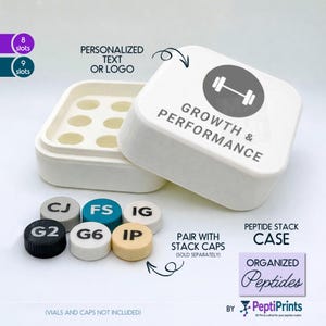 May include: A white Peptide Stack Case with a lid featuring a gray dumbbell graphic and the words "Growth & Performance." The case is open, revealing slots for vials. Includes colorful stack caps with text. Text on the case says "Organized Peptides."