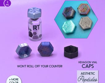 Hexagon Peptide Vial Cap Cover 3mL • Bottles Won't Roll off Counter • Color-Coded Vial Lid • Slim Fit for Storage Rack • Reusable Vial Cover