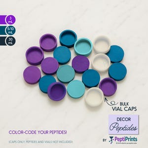 May include: An assortment of colorful vial caps in shades of purple, teal, and white. The caps are arranged on a white surface. Text on the image reads "COLOR-CODE YOUR PEPTIDES!" and "BULK VIAL CAPS".