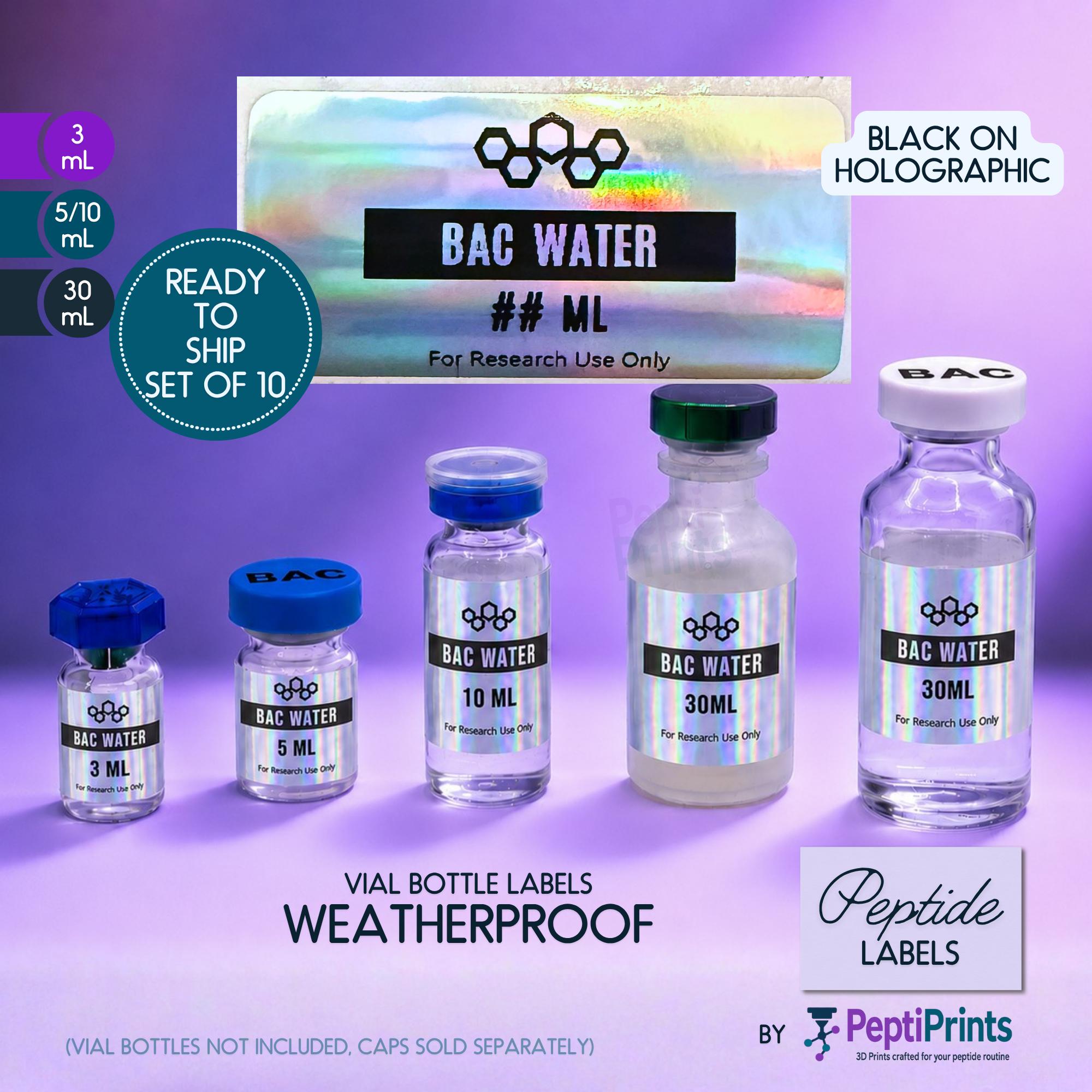 BAC Water Peptide Labels • Waterproof Printed Vial Stickers for 3ml 5ml 10ml 30ml Bottles • Fast Ship Holographic With Black (set of 10)