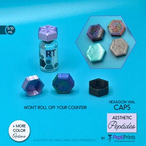 May include: A collection of hexagonal vial caps in various colors and finishes, including iridescent, metallic, and matte black. One cap is attached to a clear glass vial labeled RT. Text includes 5/10 mL, WON'T ROLL OFF YOUR COUNTER!, HEXAGON VIAL CAPS, AESTHETIC Peptides, and BY PeptiPrints.