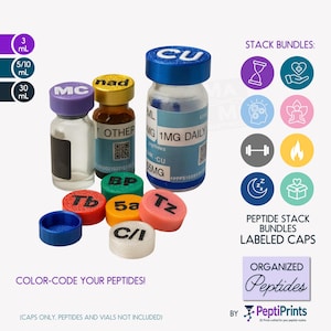 May include: A collection of labeled peptide vial caps in various colors, including blue, purple, gold, green, orange, and pink. The caps are arranged with several vials. Text on the caps includes abbreviations and the phrase "COLOR-CODE YOUR PEPTIDES!"