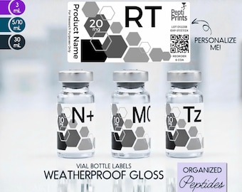 Personalized Peptide Labels • Waterproof Printed Vial Stickers • Custom Text for 3mL 10mL 30mL Bottles, Smudge-Proof Organized Tag • Hexagon