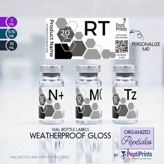 Personalized Peptide Labels • B&W Waterproof Printed Vial Stickers • Custom Text for 3mL 5mL 10mL 30mL Bottles, Smudge-Proof Organized Tag