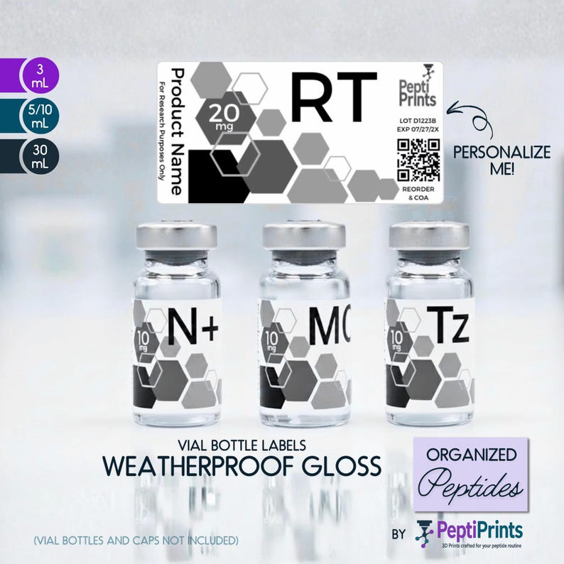 Personalized Peptide Labels • Waterproof Printed Vial Stickers • Custom Text for 3mL 10mL 30mL Bottles, Smudge-Proof Organized Tag • Hexagon image 1