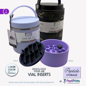 May include: A light purple 25oz food jar with a handle and a black and camouflage 32oz food jar. Includes a black tray and a purple base for vial inserts. Text reads "25oz & 32oz Food Jar Vial Inserts".