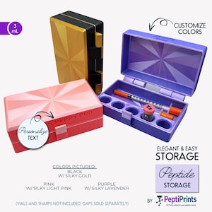 May include: Three colorful peptide storage cases in black and gold, pink and light pink, and purple and lavender. The cases are labeled "S Peppy Pod" and "Peptide Storage". The image includes text that says "Customize Colors" and "Personalize Text".