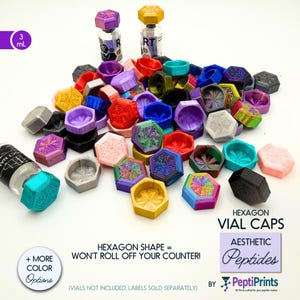 May include: A collection of colorful, hexagonal vial caps in various colors, including purple, red, and gold. The caps are designed to prevent rolling and are labeled "Hexagon Vial Caps" and "Aesthetic Peptides".