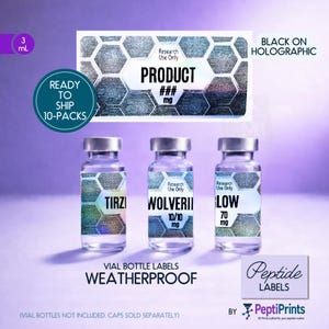 May include: Three glass vials with silver caps and labels. The labels read "TIRZI", "WOLVERII", and "LOW" with mg measurements. Additional labels state "PRODUCT" and "WEATHERPROOF". The text "BLACK ON HOLOGRAPHIC" is also present.