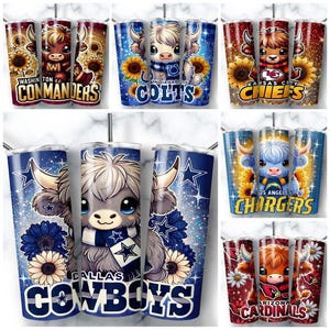 May include: A collection of insulated tumblers featuring cartoon Highland cows. Each tumbler showcases a different NFL team logo, including the Commanders, Colts, Chiefs, Chargers, Cowboys, and Cardinals, with sunflower and star accents.