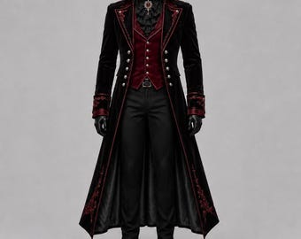 May include: A long black velvet coat with red embroidery and trim, paired with a deep red vest featuring silver buttons, a black ruffled cravat with a central red jewel, black trousers, and black gloves, creating a formal layered ensemble.