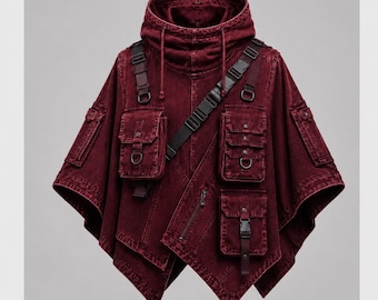Herr vinröd Techwear Poncho, taktisk huvad utilityjacka, cyberpunk gotisk kappa, postapokalyptisk streetwear-kappa