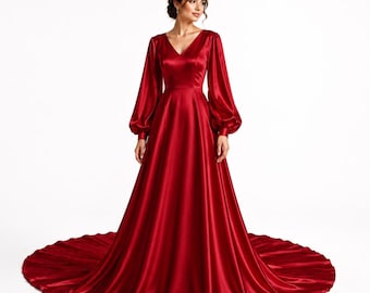 Rood satijnen avondjurk, maxi-jurk met lange mouwen, elegante formele kleding, luxe baljurk, jurk bruiloftsgast, gala-outfit