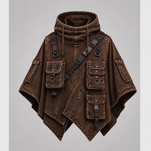 Könnte beinhalten: Ein dunkelbrauner Denim-Poncho mit hochgeschlossener Kapuze und Kordelzug, mehreren Utility-Taschen mit Klappen und Schnallen, einem diagonalen Riemen mit Kunststoffschnalle sowie einem Reißverschlussfach auf der Vorderseite aus gewaschenem Stoff.
