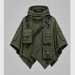 May include: An olive green denim poncho featuring a high collar with a hood and drawstring. The garment includes multiple utility pockets with black buckles, straps, and zippers across the front, creating a structured, layered appearance.