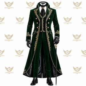 Men's Emerald Green Velvet Victorian Tailcoat | Gothic Embroidered Long Coat | Steampunk Prince Jacket | Vampire Cosplay Coat