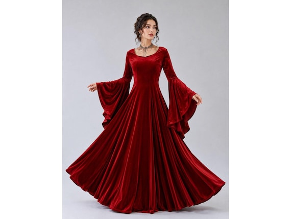 Red Crimson Velvet Maxi Dress, Bell Sleeve Medieval Fantasy Gown, Gothic Renaissance Dress, Red Velvet Costume Dress for Women