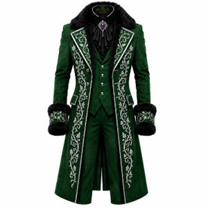 Gothic Green Cotton Long Coat, Black Faux Fur Collar and Cuffs, Embroidered Victorian Tailcoat, Steampunk Costume Jacket