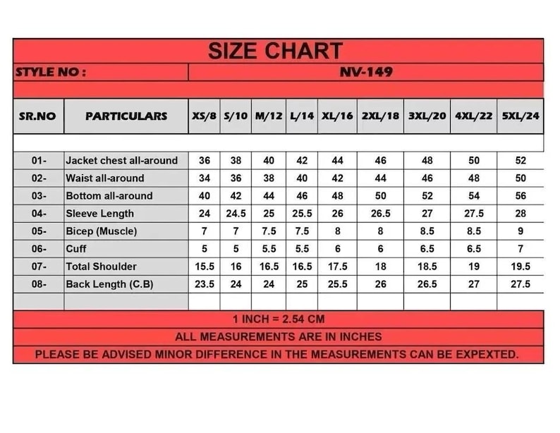 Op de afbeelding: Een maattabel voor kleding met afmetingen in inches. De tabel bevat borst-, taille-, onderkant-, mouwlengte-, biceps-, manchet-, schouder- en ruglengtematen, in maten van XS/8 tot 5XL/24.