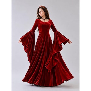 Fantasy style red velvet maxi gown with bell sleeves, perfect for gothic, renaissance, and cosplay fashion