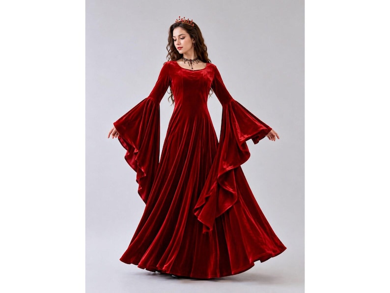 Fantasy style red velvet maxi gown with bell sleeves, perfect for gothic, renaissance, and cosplay fashion