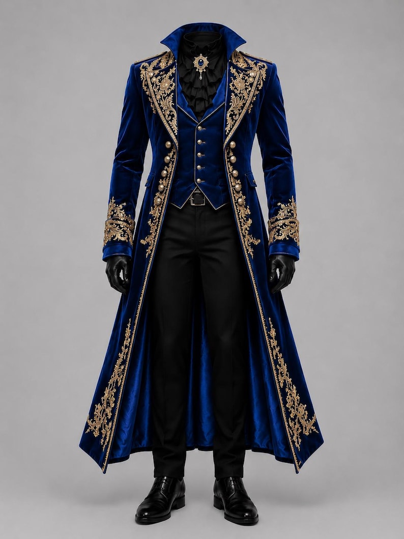 Royal blue velvet Victorian Gothic coat for men with gold embroidery, vampire cosplay tailcoat, Dracula prince jacket, steampunk costume.