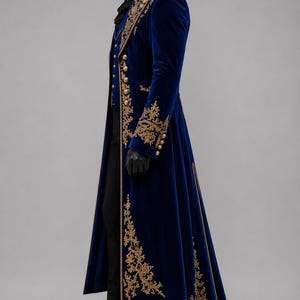 Men's royal blue velvet vampire coat inspired by Victorian fashion, embroidered steampunk tailcoat for cosplay, Renaissance fair, and formal events.