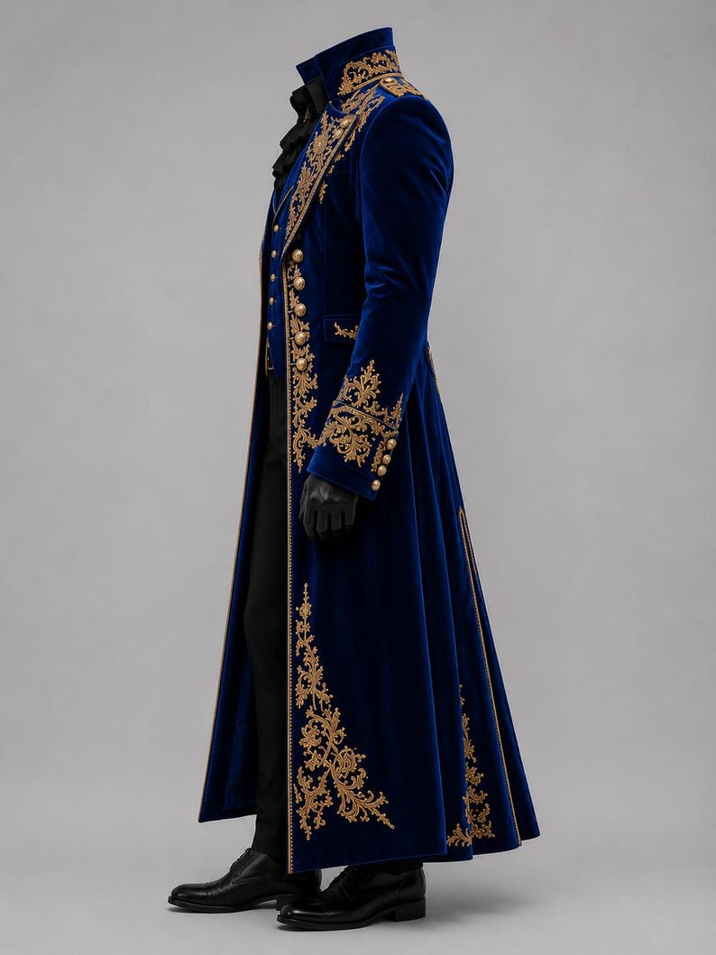 Men's royal blue velvet vampire coat inspired by Victorian fashion, embroidered steampunk tailcoat for cosplay, Renaissance fair, and formal events.