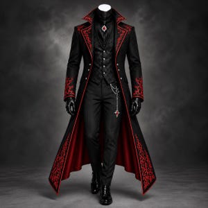 May include: A black long coat with red vine embroidery on the lapels and cuffs, featuring a red lining. The ensemble includes a black patterned vest, a black shirt with a red gemstone brooch, black trousers, and a silver chain pocket accessory.
