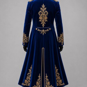 Luxury royal blue velvet long gothic coat featuring ornate gold embroidery, Victorian aristocrat jacket, gothic wedding tuxedo.