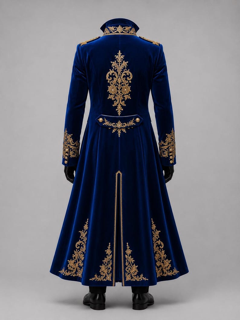 Luxury royal blue velvet long gothic coat featuring ornate gold embroidery, Victorian aristocrat jacket, gothic wedding tuxedo.