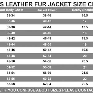 K&ouml;nnte beinhalten: Eine Gr&ouml;&szlig;entabelle f&uuml;r Leder-Pelzjacken mit dem Titel MENS LEATHER FUR JACKET SIZE CHART. Die Tabelle listet Gr&ouml;&szlig;en von XXS bis 8XL auf, mit Spalten f&uuml;r Brustumfang, Schulterbreite und &Auml;rmell&auml;nge in Zoll. Enth&auml;lt einen Hinweis zur Kontaktaufnahme.