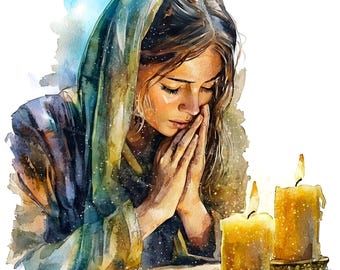 12 Woman Praying Watercolor Clipart, Christian Faith JPG, Bible Journaling Art, Religious Worship Print, Spiritual Junk Journal