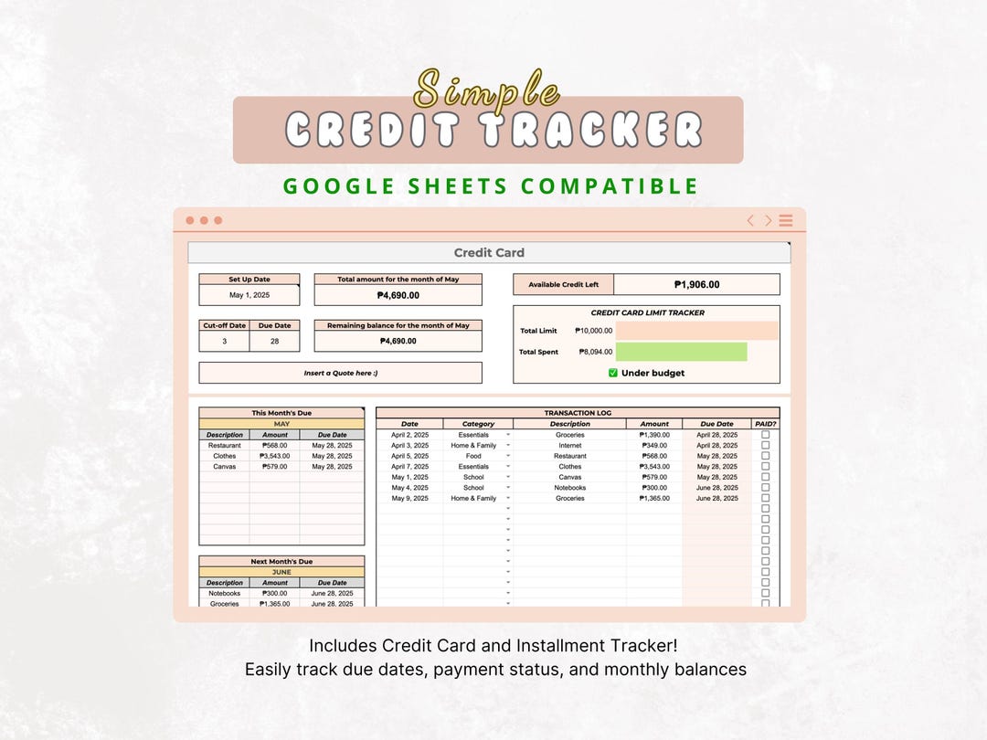 Credit Card & Installment Tracker | Google Sheets Budget Template ...