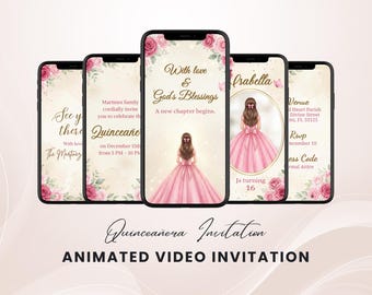 Pink Floral Quinceanera Video Invitation Template, Editable Canva Sweet 15 Invite